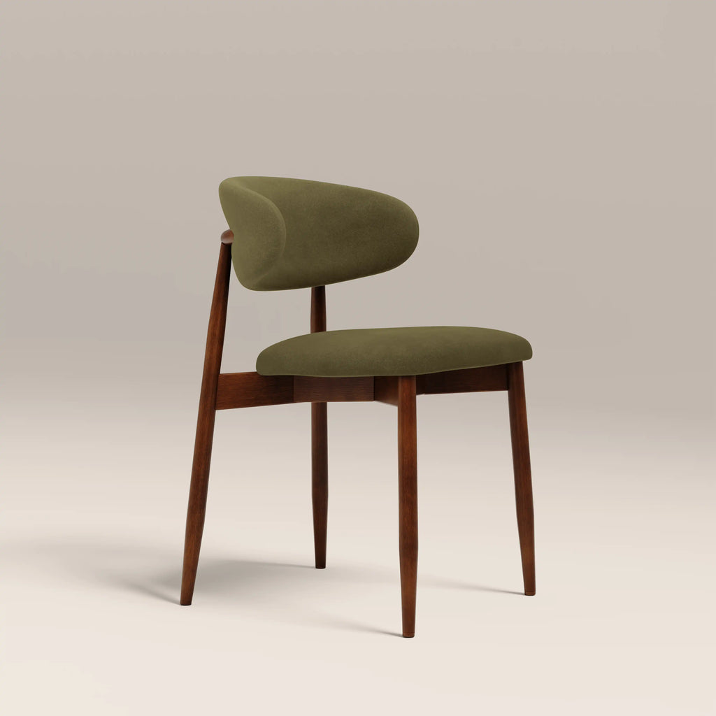 Halston Wooden Dining Chair | Moss Green Sustainable Mohair Velvet & Walnut