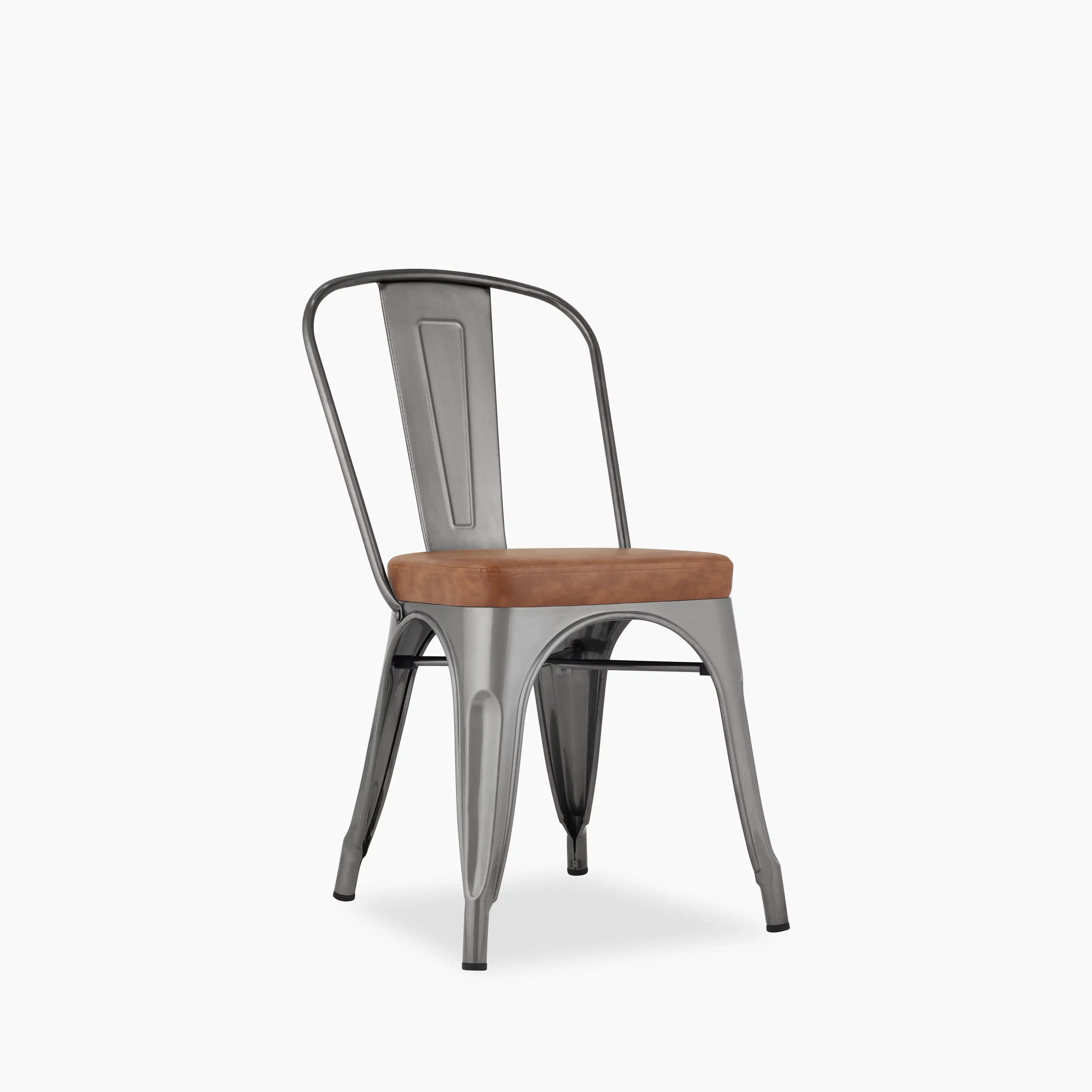 Tolix Style Stackable Dining Chair | Tan Faux Leather & Gunmetal