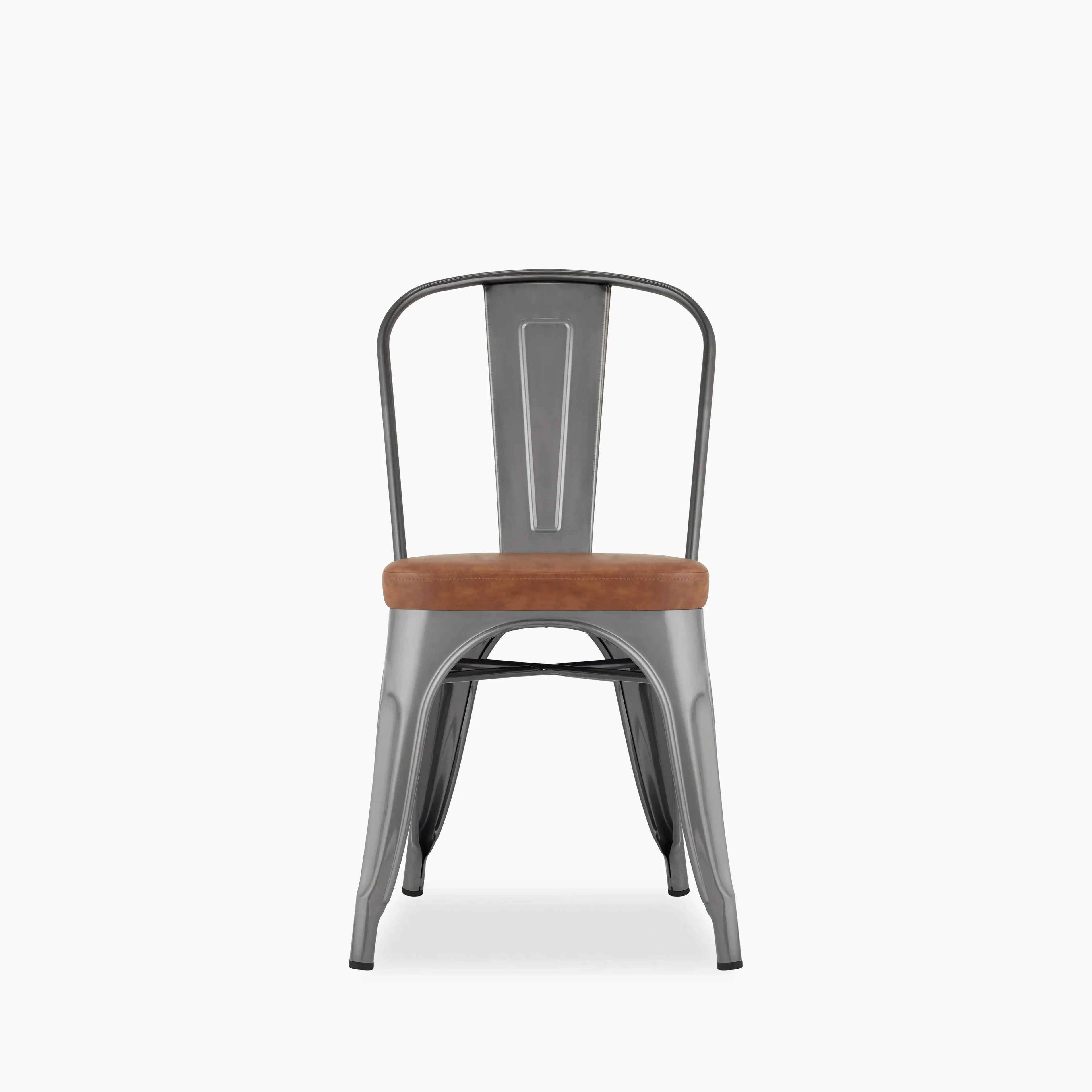 Tolix Style Stackable Dining Chair | Tan Faux Leather & Gunmetal