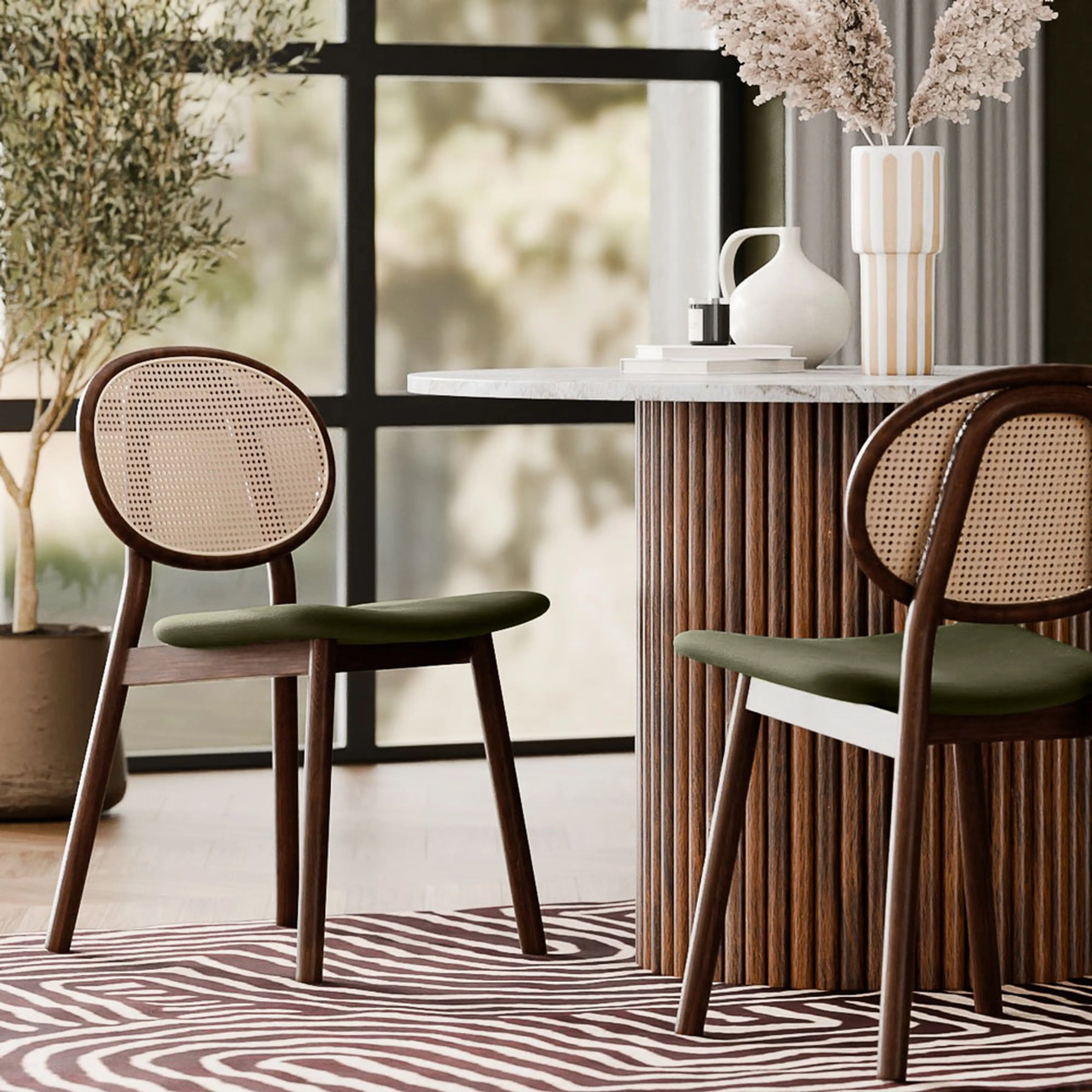 Willow Wooden Dining Chair | Moss Green Sustainable Mohair Velvet & Walnut