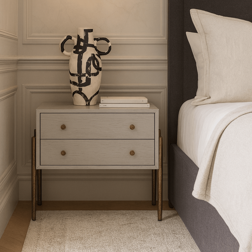 Nella Bedside Table - London Fog & Hammered Dark Bronze