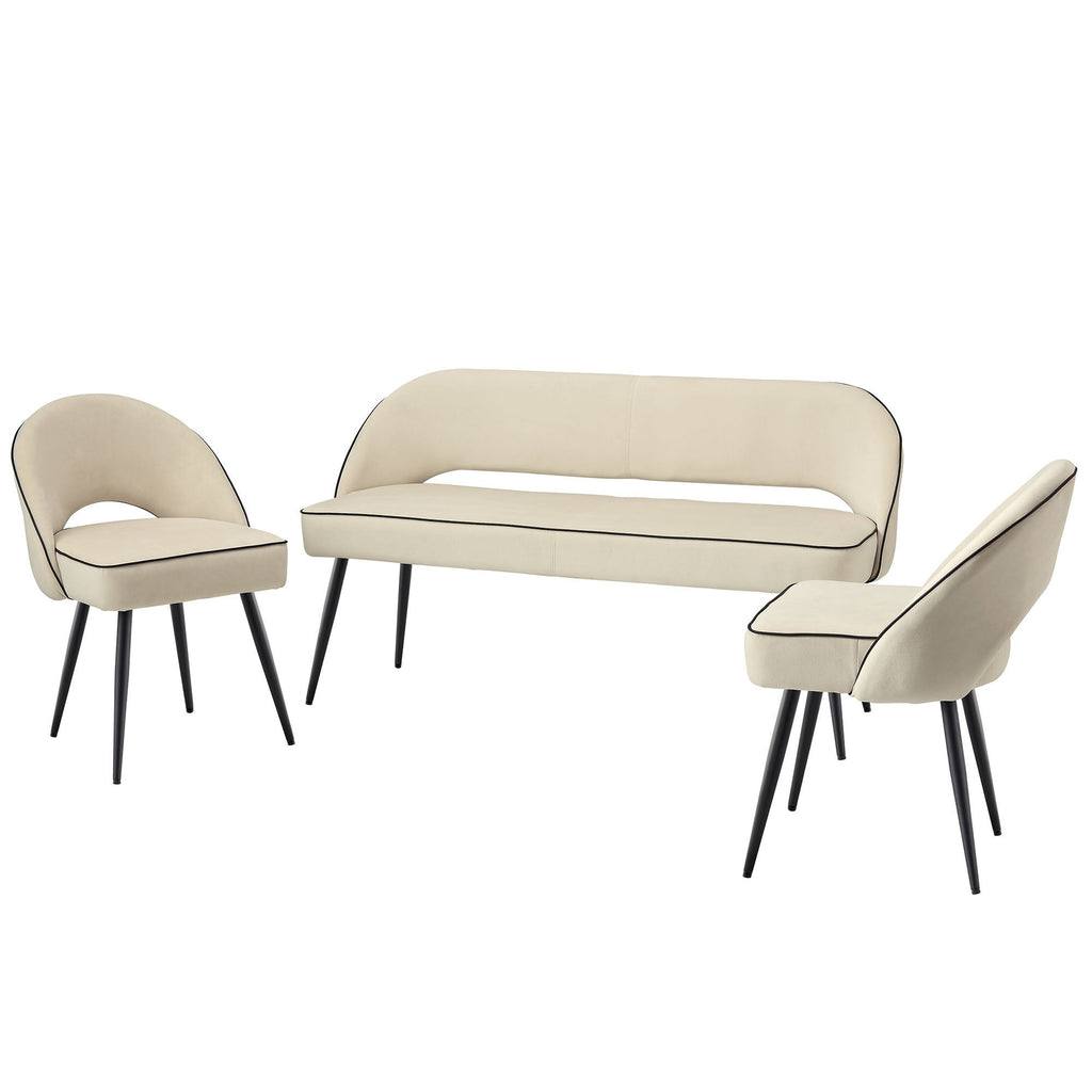 Oakley Champagne Velvet Upholstered 3 Seater Dining Bench with Contrast Piping