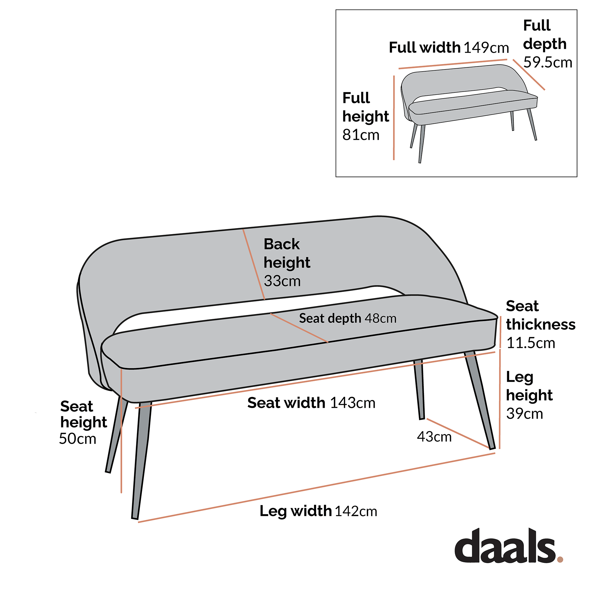 Oakley Orange Velvet Upholstered 3 Seater Dining Bench with Contrast Piping