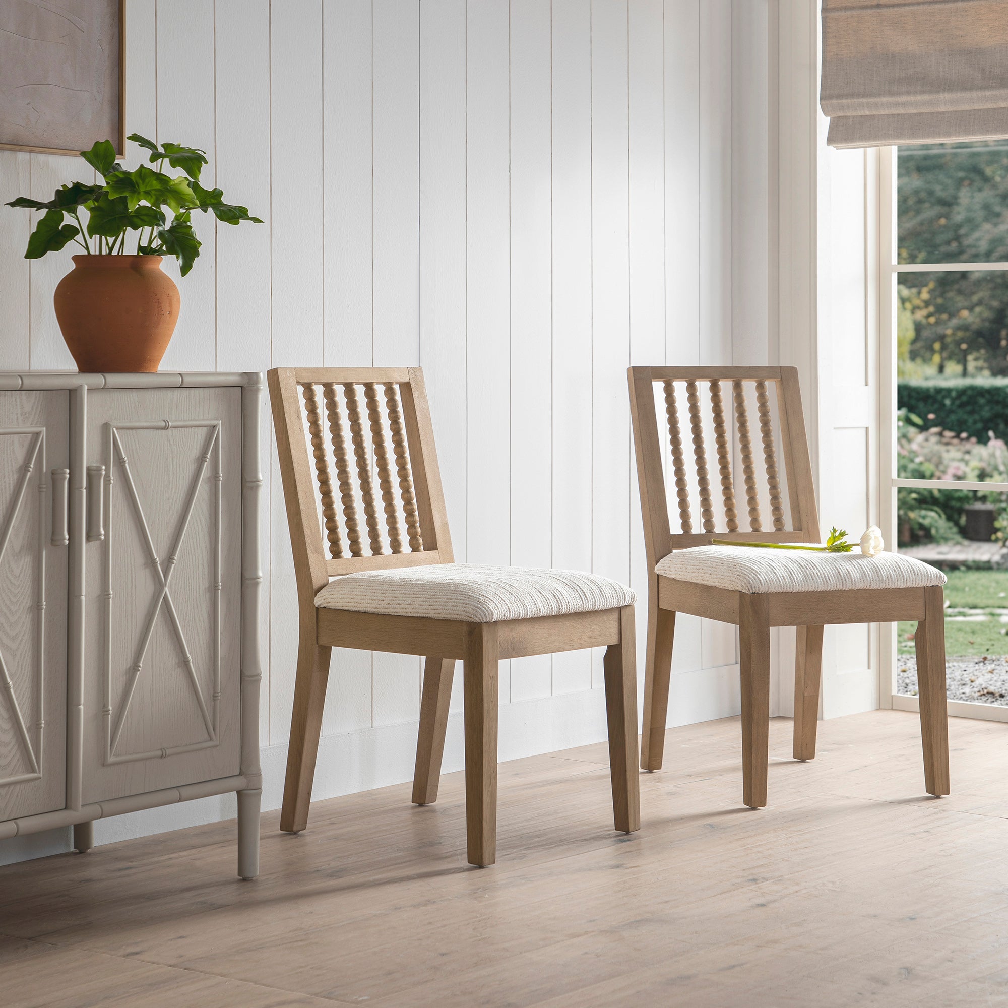 Hemingford Set of 2 Beige Textured Fabric Bobbin Spindle Washed Oak Dining Chairs