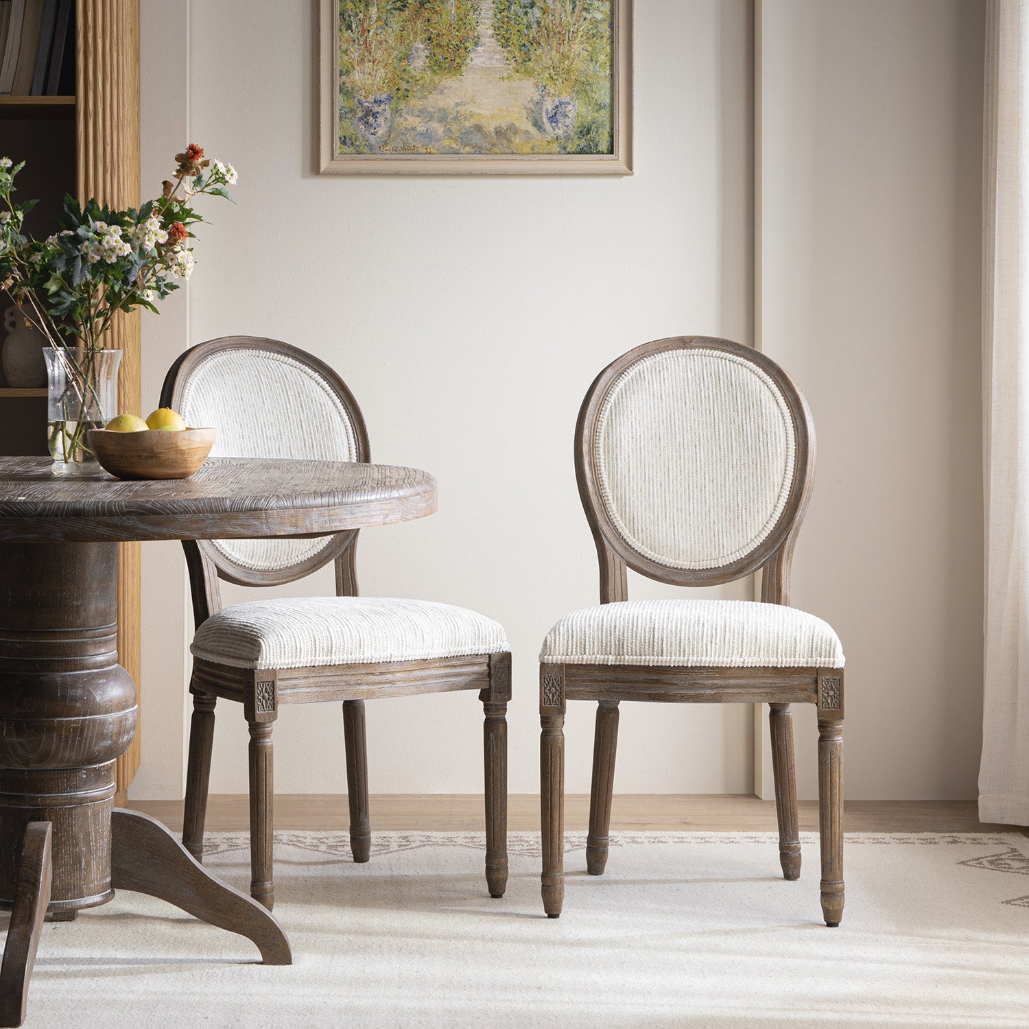 Lainston Set of 2 Classic Weathered Oak Dining Chairs, Beige Textured Fabric