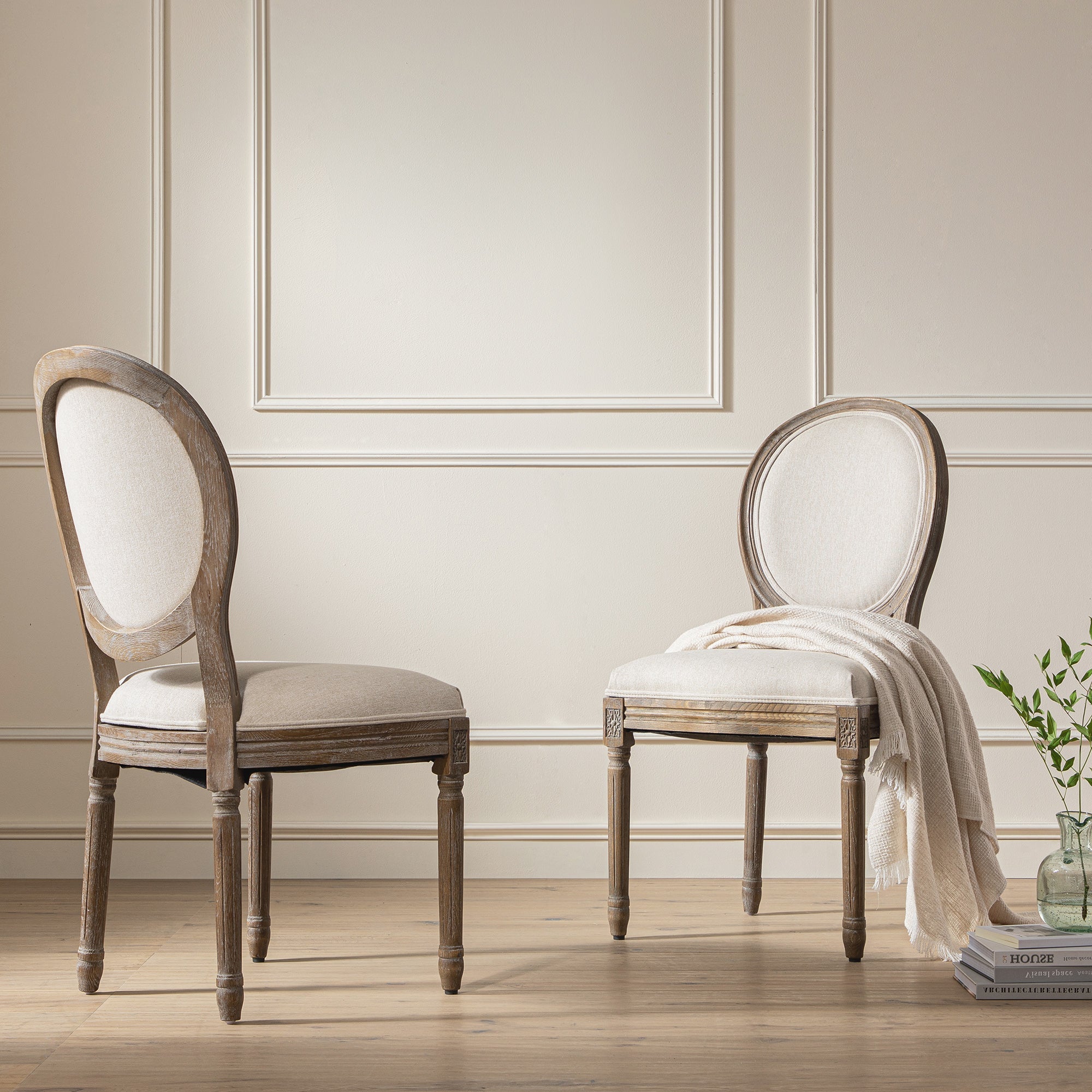 Lainston Set of 2 Classic Weathered Oak Dining Chairs, Oatmeal Brushed Fabric
