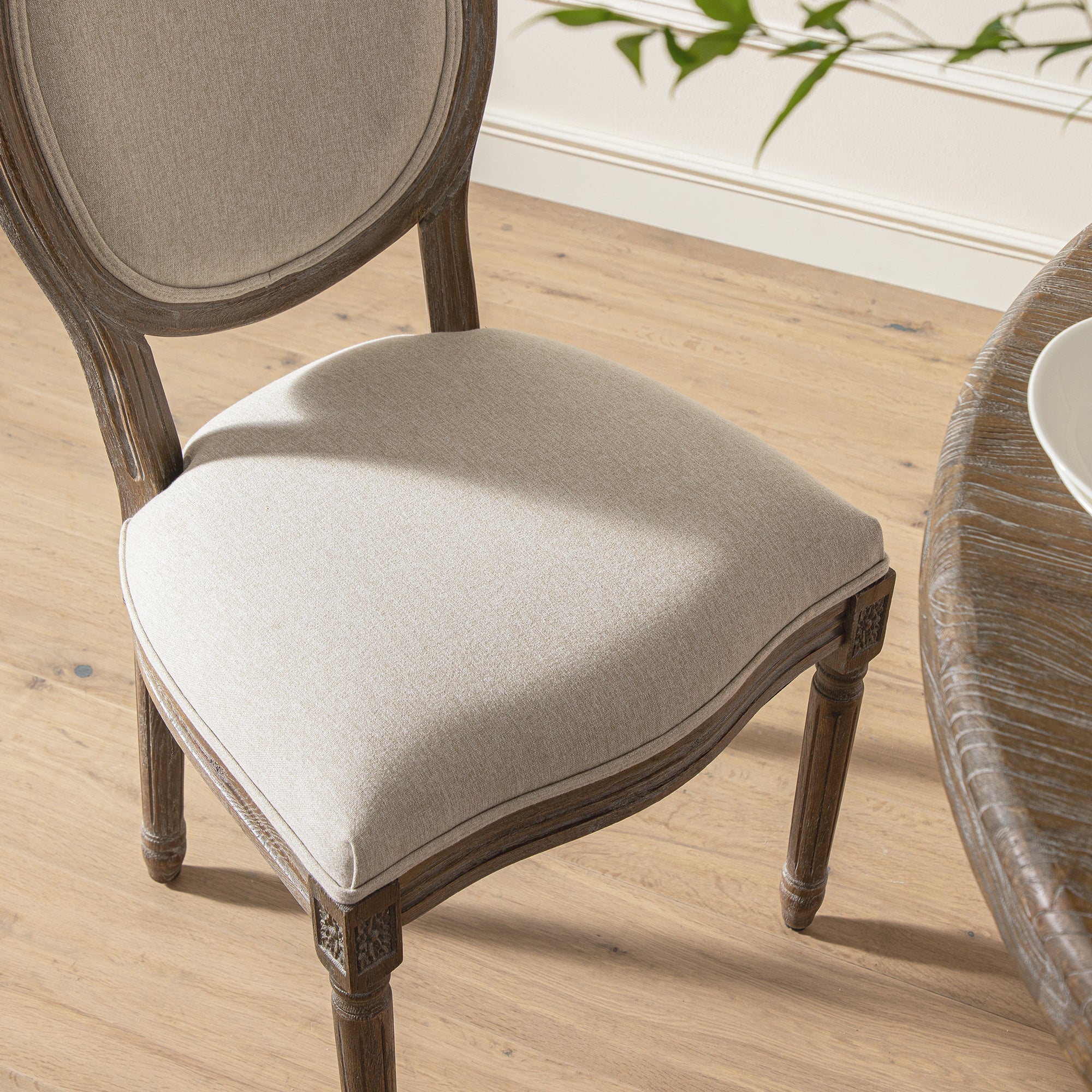 Lainston Set of 2 Classic Weathered Oak Dining Chairs, Oatmeal Brushed Fabric