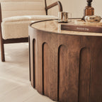 Valor - Beige Travertine Round Dark Wood Premium Coffee Table