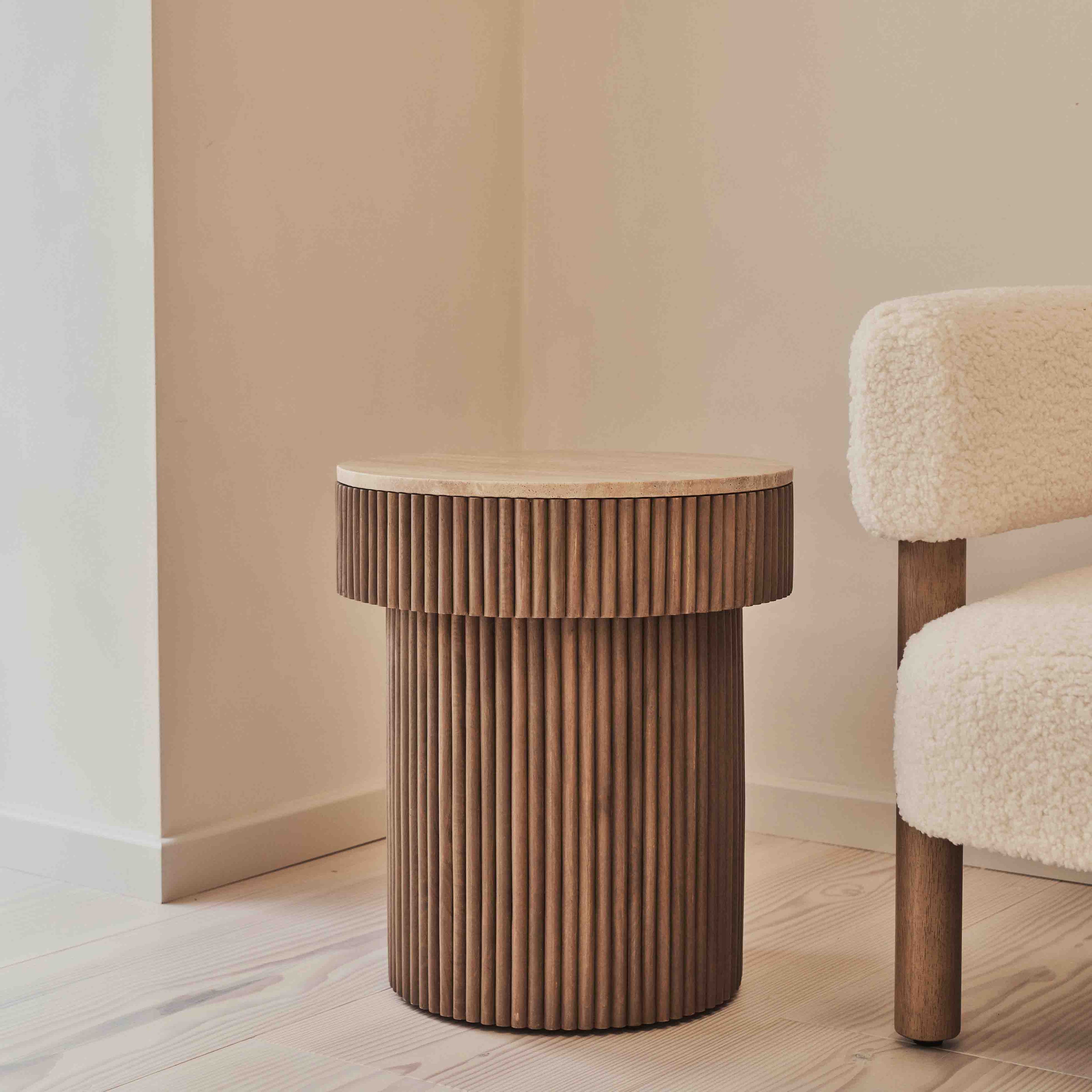 Sloane - Beige Travertine Round Warm Wood Premium Side Table