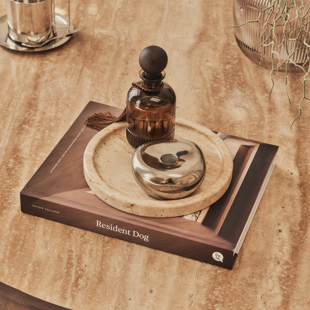 Valor - Beige Travertine Round Dark Wood Premium Coffee Table