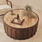 Valor - Beige Travertine Round Dark Wood Premium Coffee Table