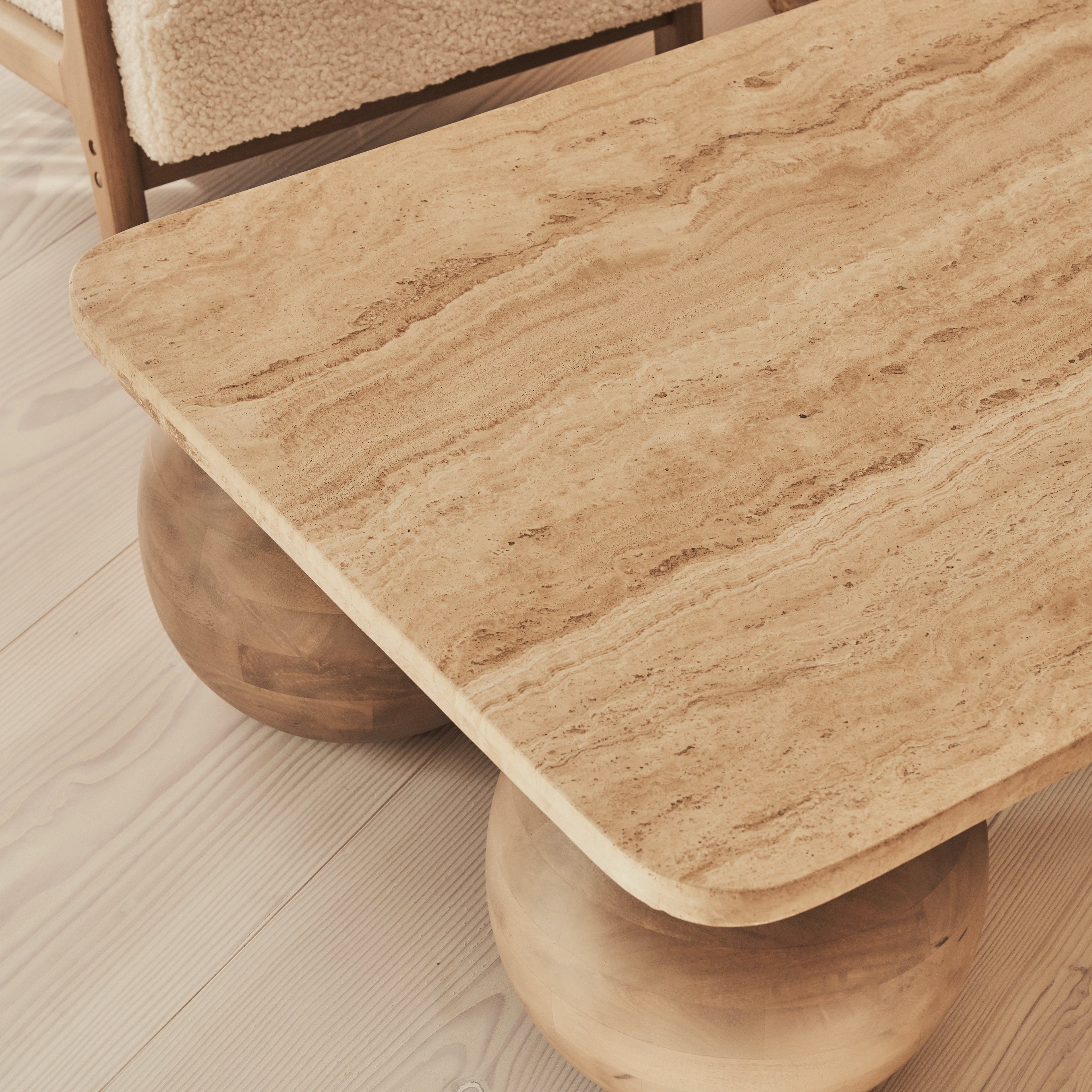 Melrose - Beige Travertine Rectangular Warm Wood Premium Coffee Table