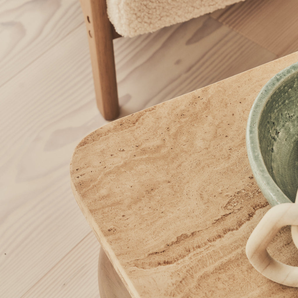 Melrose - Beige Travertine Rectangular Warm Wood Premium Coffee Table