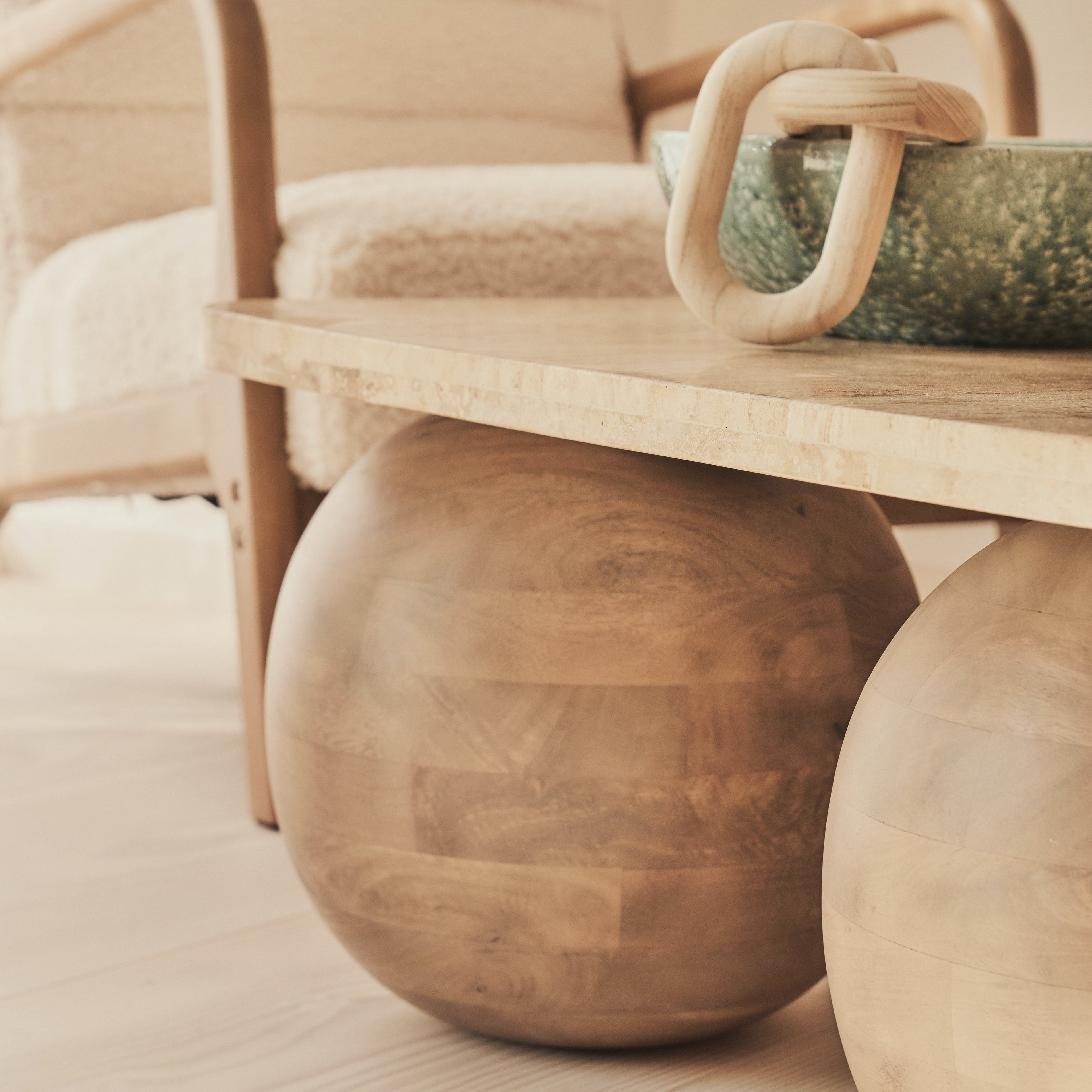 Melrose - Beige Travertine Rectangular Warm Wood Premium Coffee Table