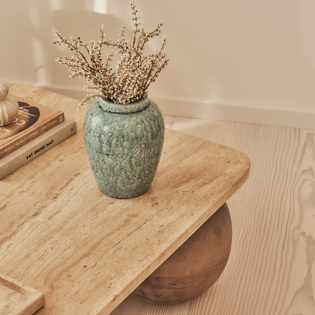 Melrose - Beige Travertine Rectangular Warm Wood Premium Coffee Table