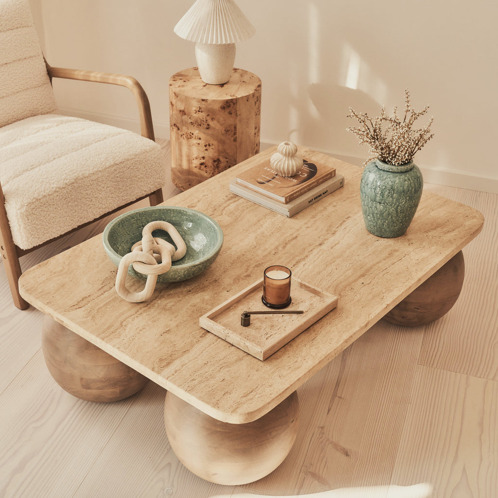 Melrose - Beige Travertine Rectangular Warm Wood Premium Coffee Table