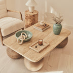 Melrose - Beige Travertine Rectangular Warm Wood Premium Coffee Table