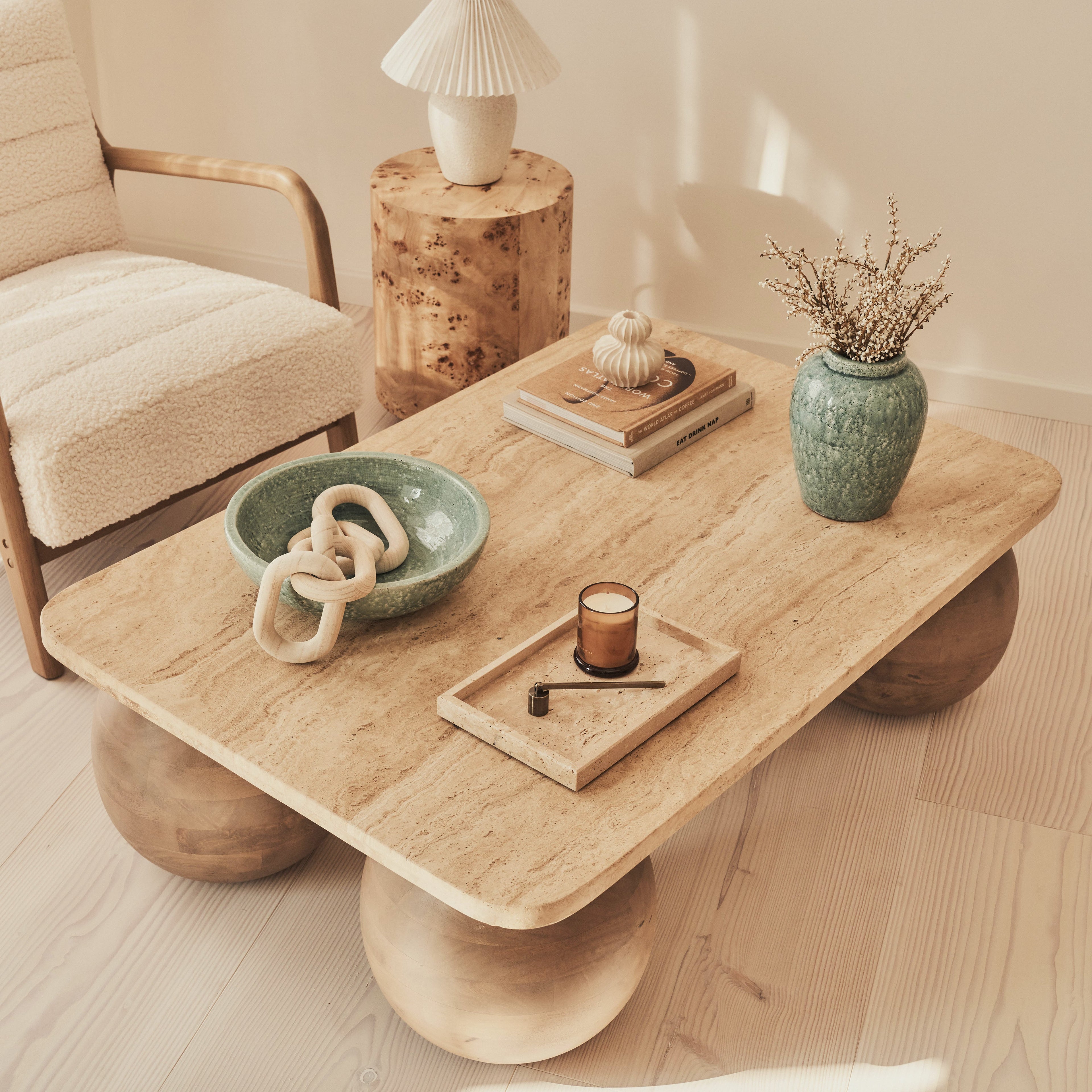 Melrose - Beige Travertine Rectangular Warm Wood Premium Coffee Table