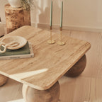 Melrose - Beige Travertine Square Warm Wood Premium Coffee Table