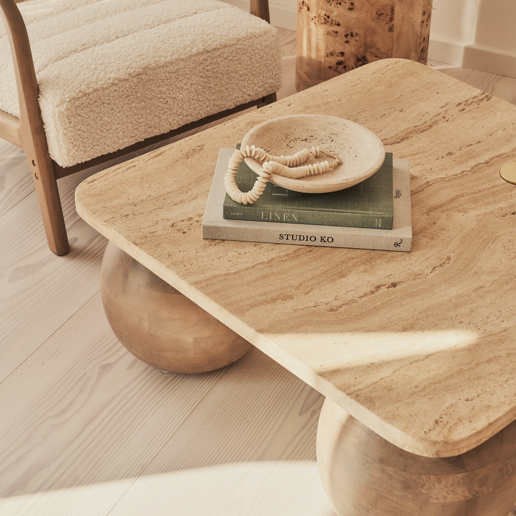 Melrose - Beige Travertine Square Warm Wood Premium Coffee Table