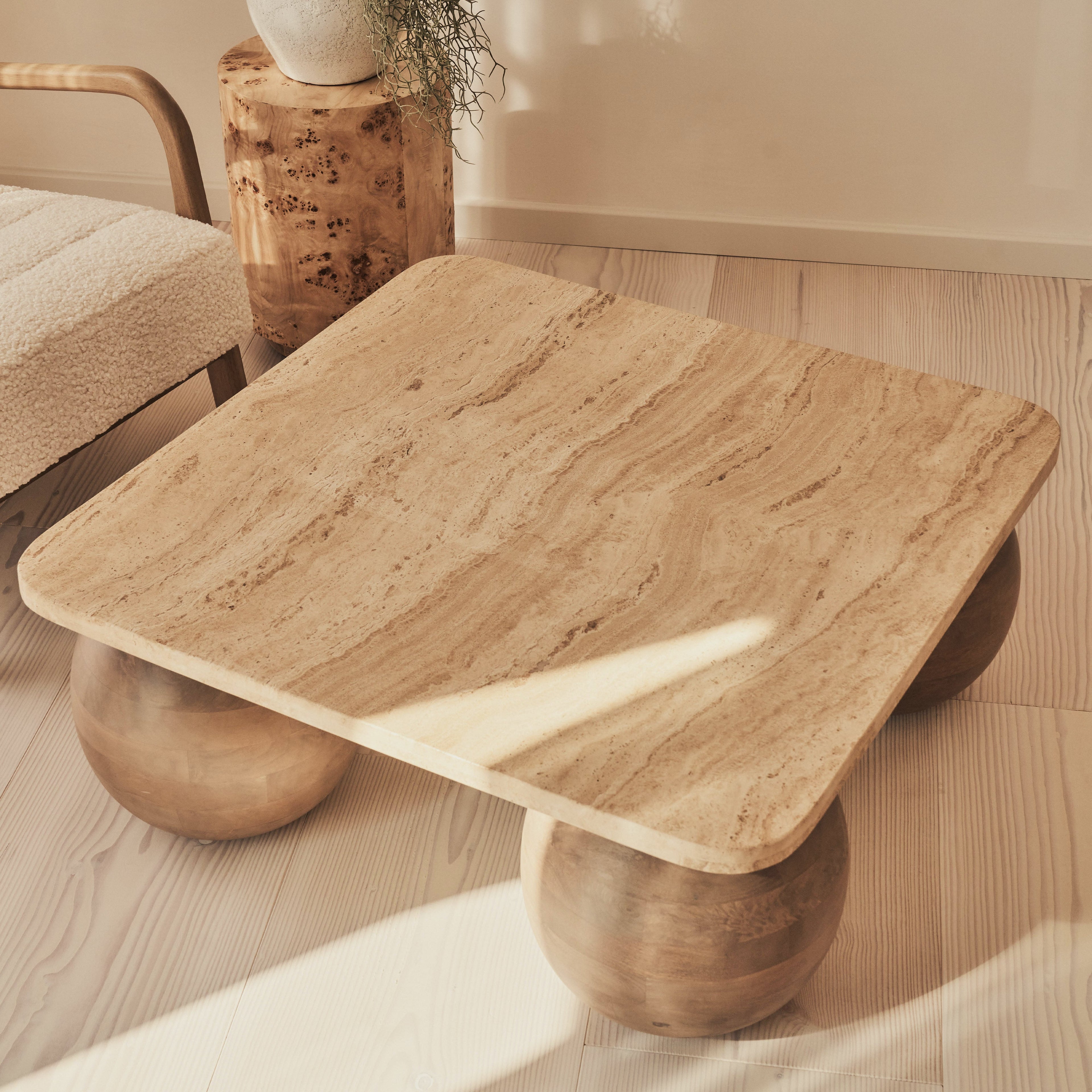 Melrose - Beige Travertine Square Warm Wood Premium Coffee Table