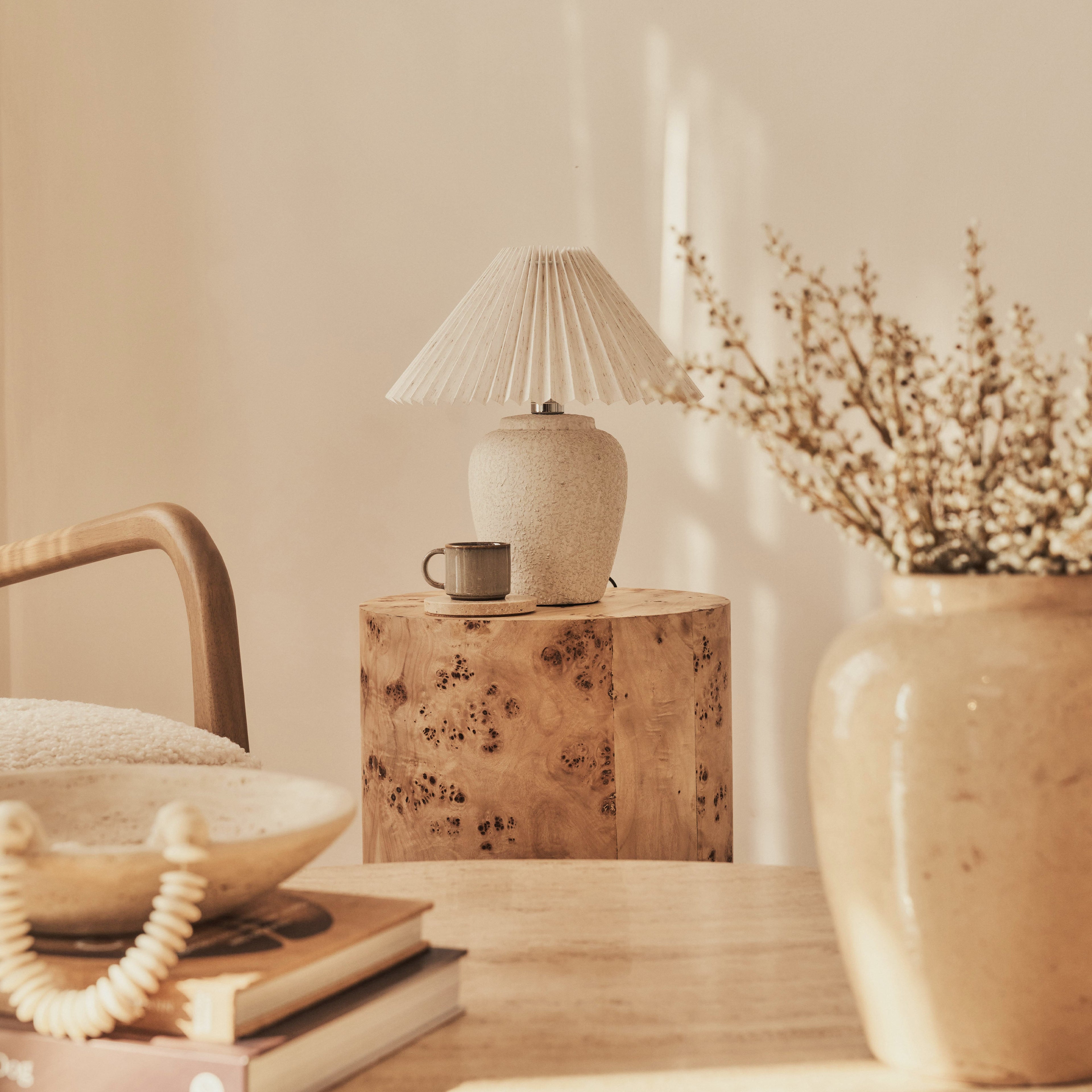 Melrose - Beige Travertine Round Warm Wood Premium Coffee Table