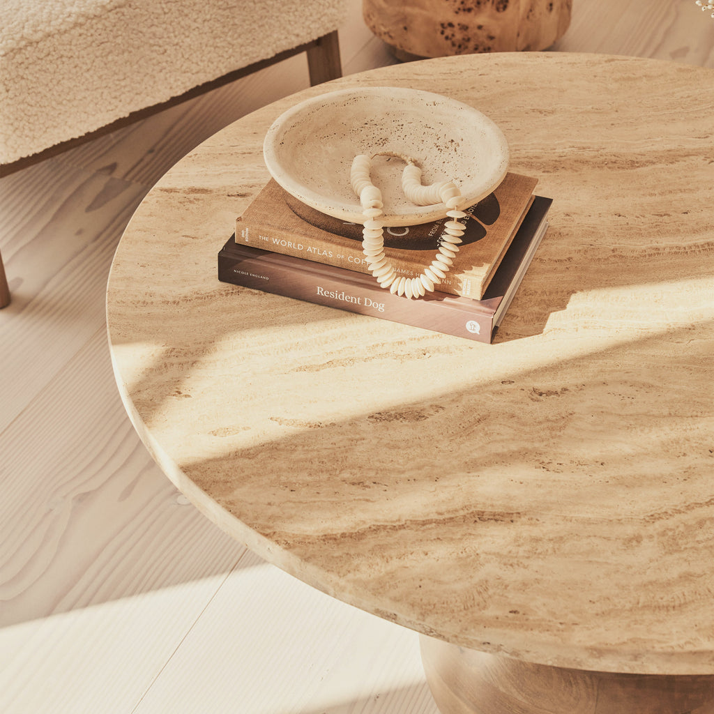 Melrose - Beige Travertine Round Warm Wood Premium Coffee Table