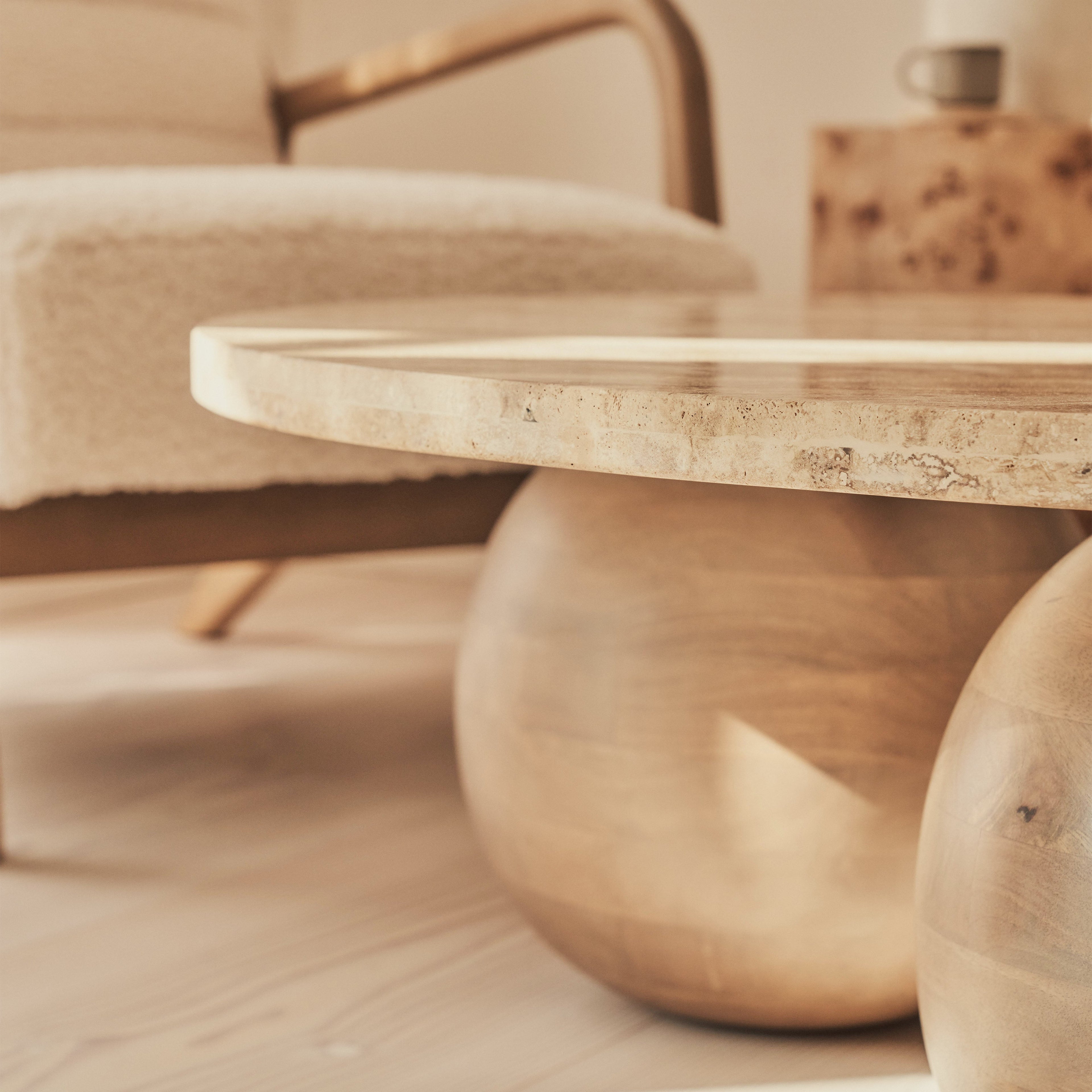 Melrose - Beige Travertine Round Warm Wood Premium Coffee Table