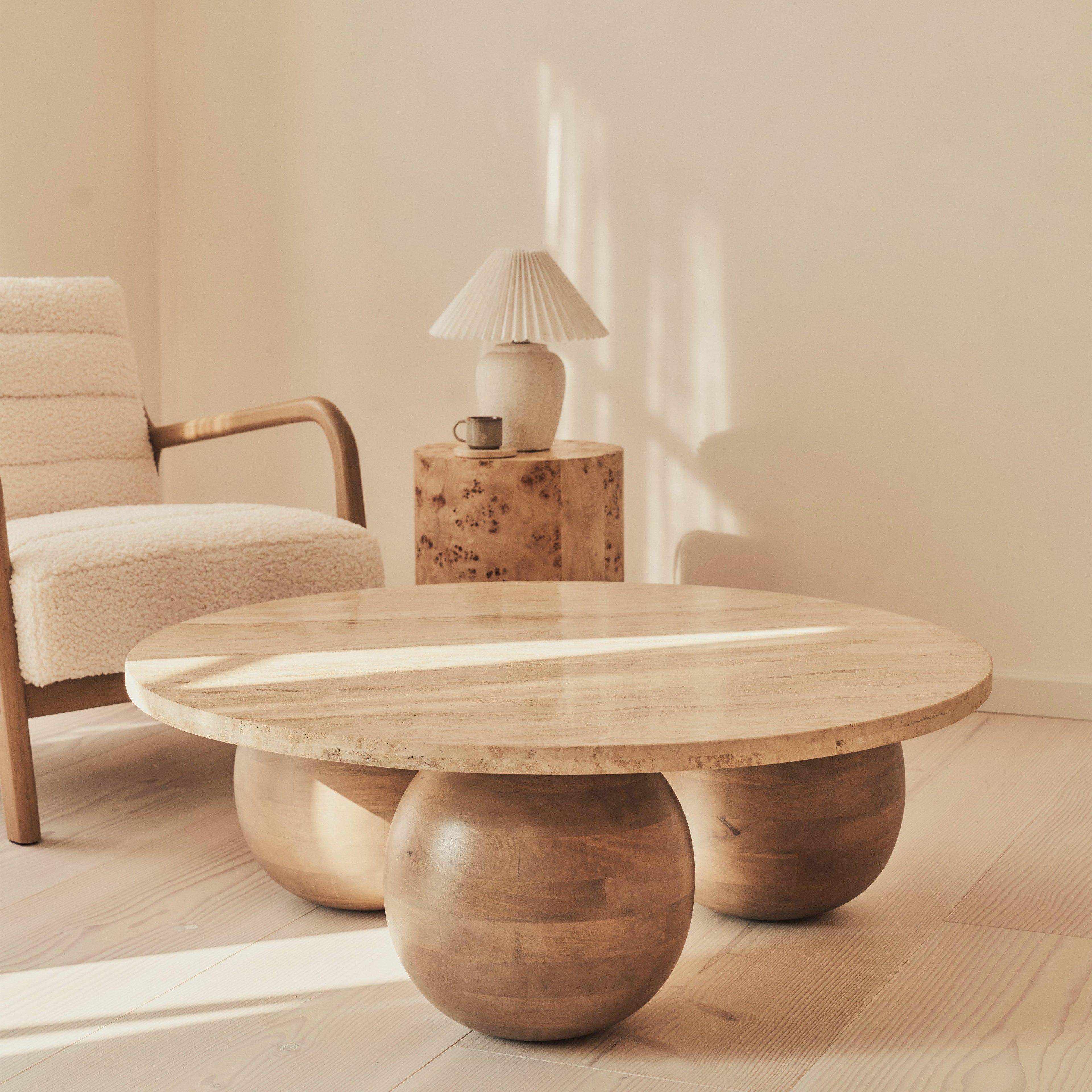 Melrose - Beige Travertine Round Warm Wood Premium Coffee Table