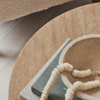 Lyra - Beige Travertine Round Warm Wood Premium Coffee Table