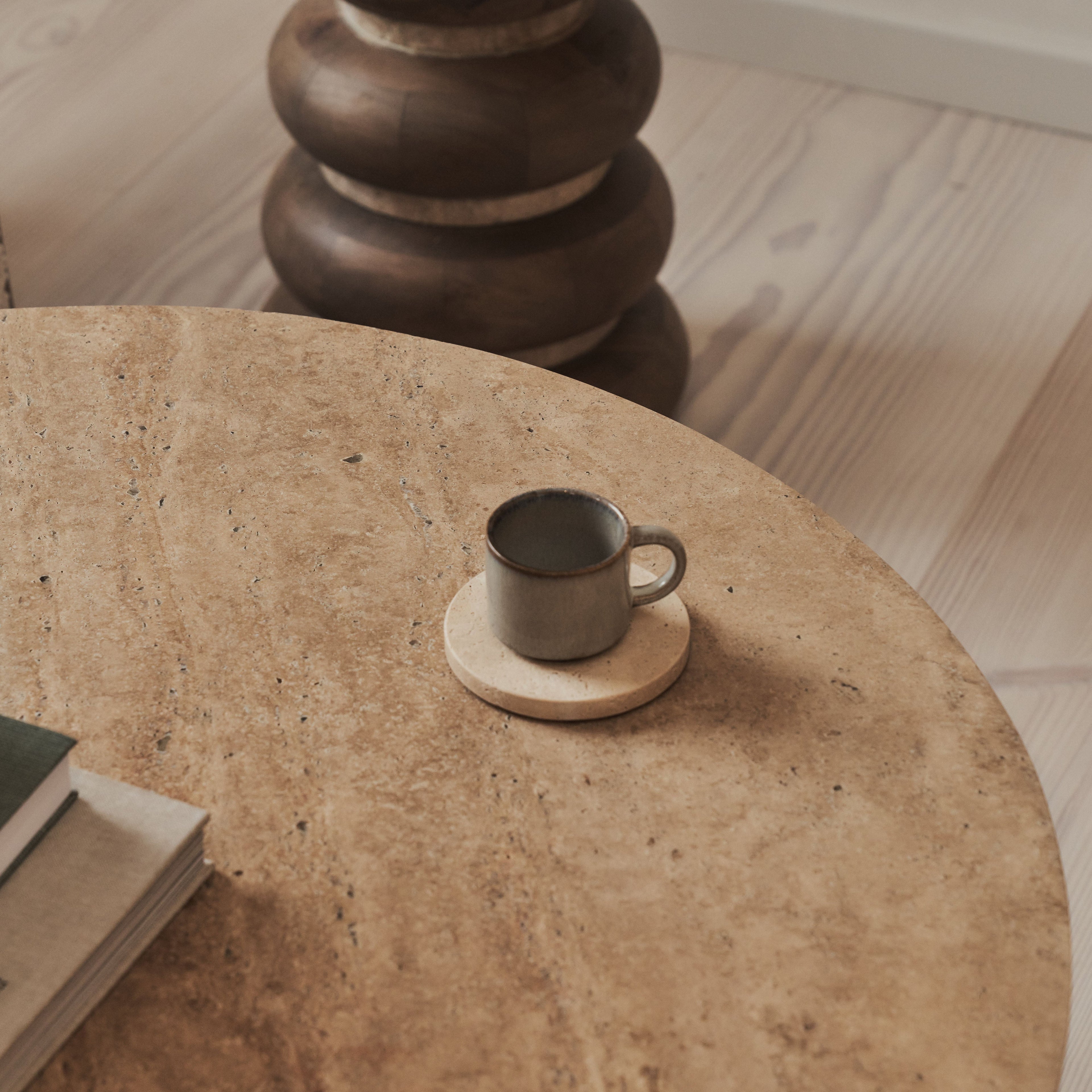 Lyra - Beige Travertine Round Warm Wood Premium Coffee Table