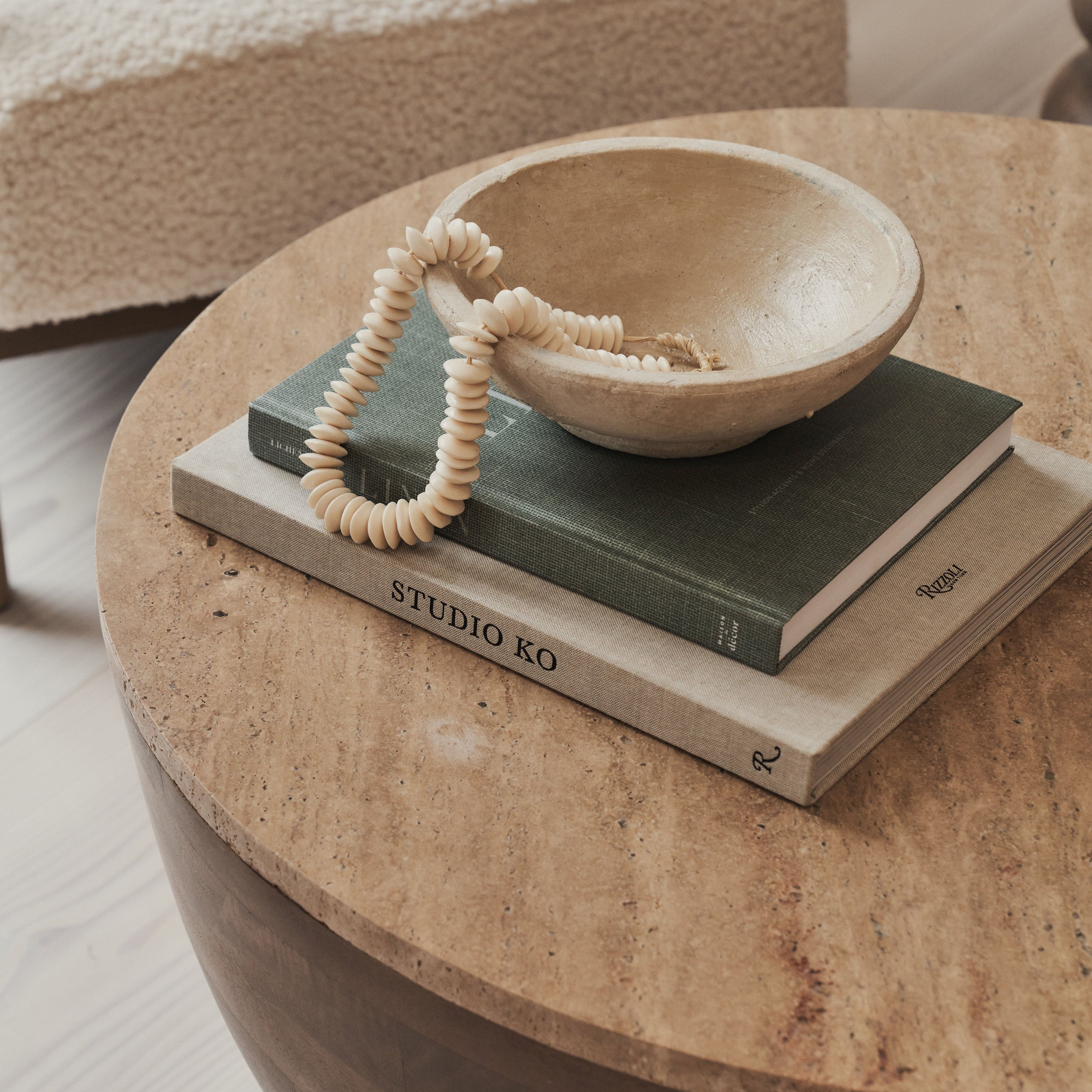 Lyra - Beige Travertine Round Warm Wood Premium Coffee Table