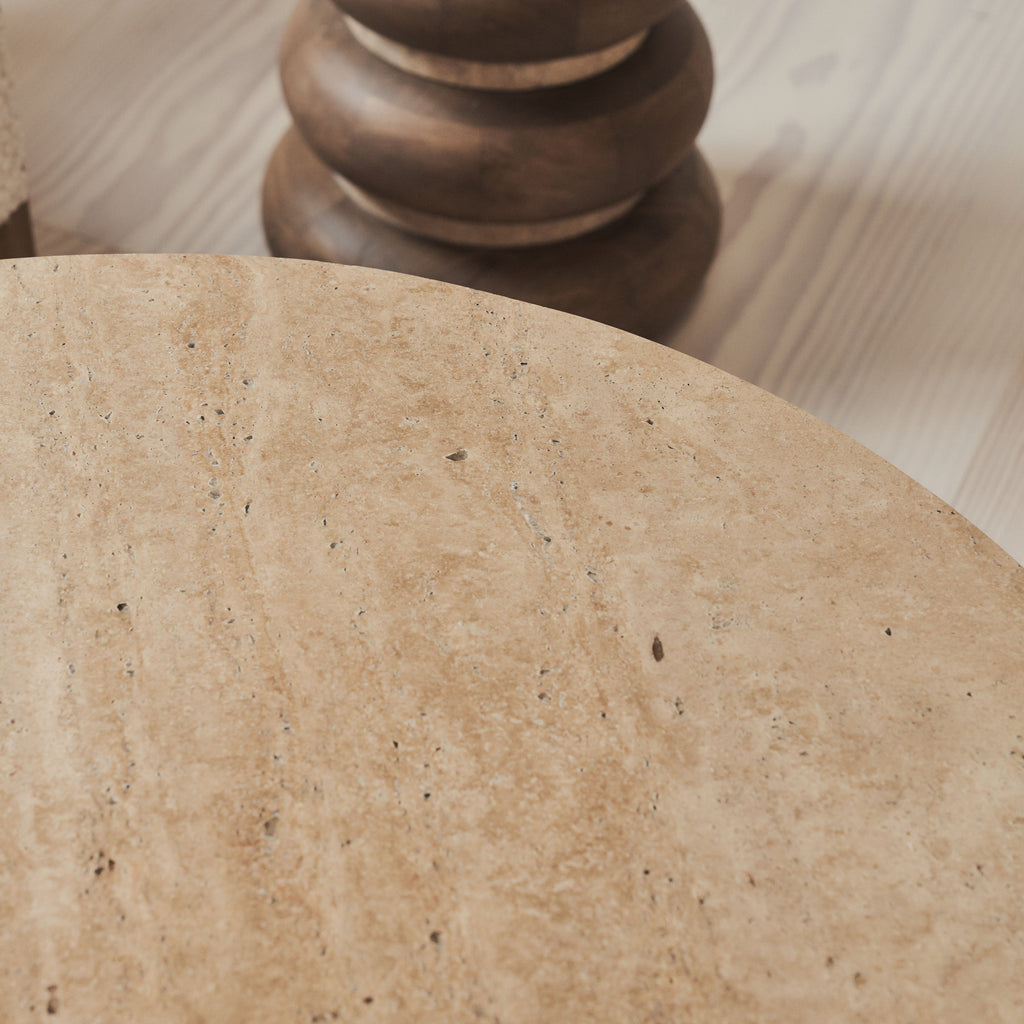 Lyra - Beige Travertine Round Warm Wood Premium Coffee Table