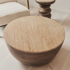 Lyra - Beige Travertine Round Warm Wood Premium Coffee Table