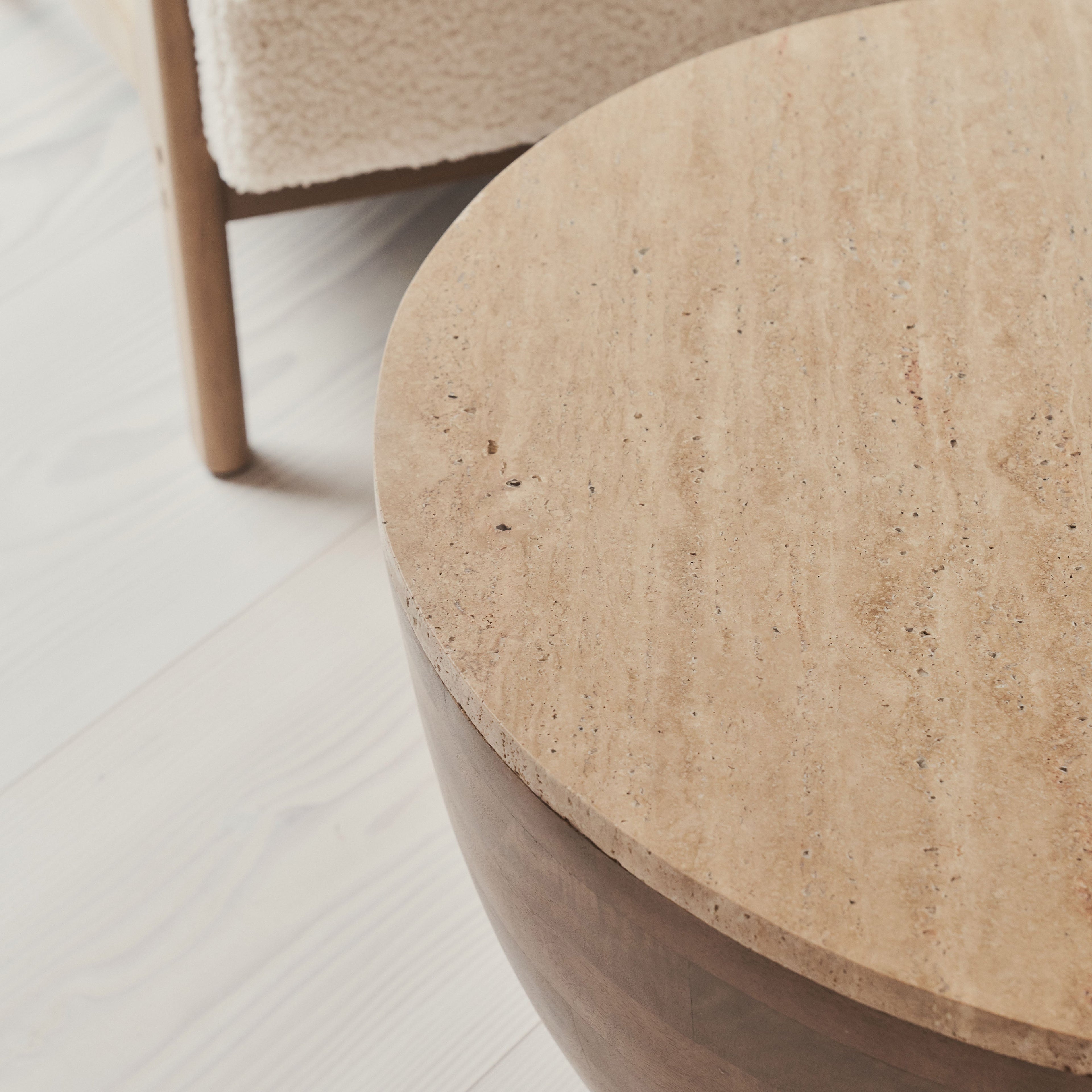 Lyra - Beige Travertine Round Warm Wood Premium Coffee Table