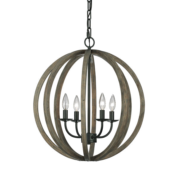 Allier 4 Light Pendant Light - Oak Wood & Antique Forged Iron