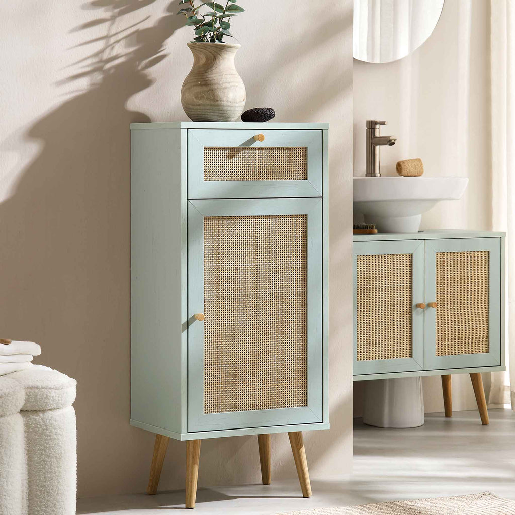 Frances Woven Rattan 1-Door Bathroom Cabinet, Mint