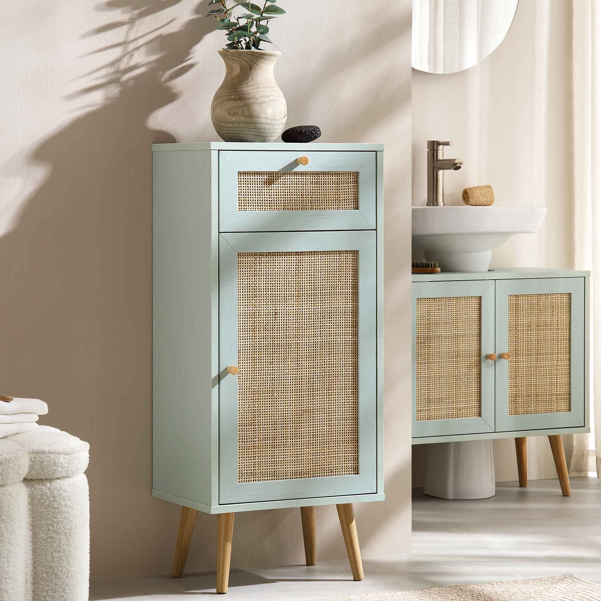 Frances Woven Rattan 1-Door Bathroom Cabinet, Mint