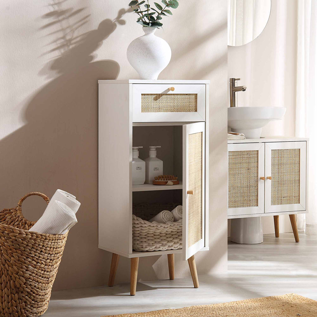 Frances Woven Rattan 1-Door Bathroom Cabinet, White