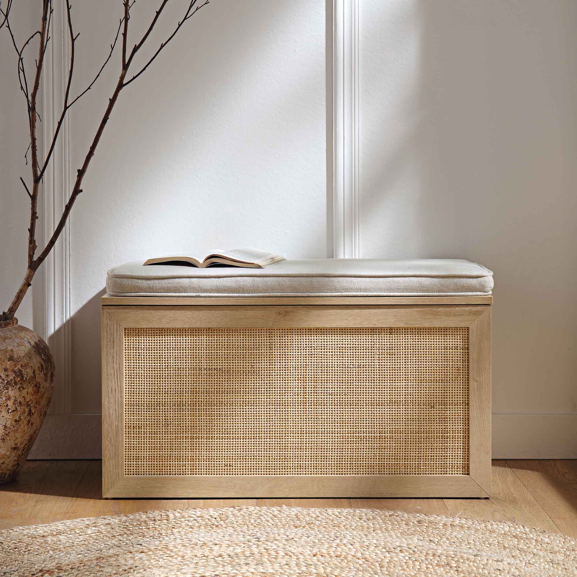Frances Woven Rattan Double Storage Stool with Cushion, Natural