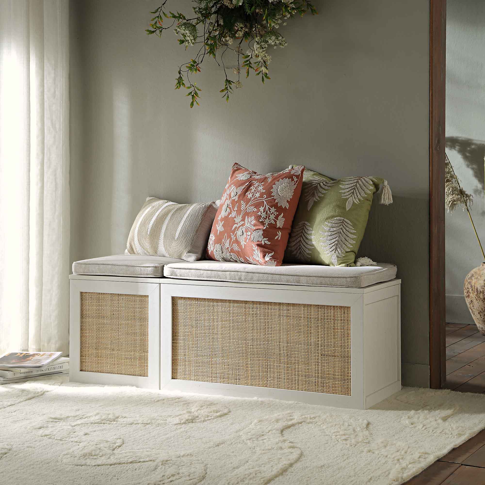 Frances Woven Rattan Triple Storage Stool Set with Cushion, White