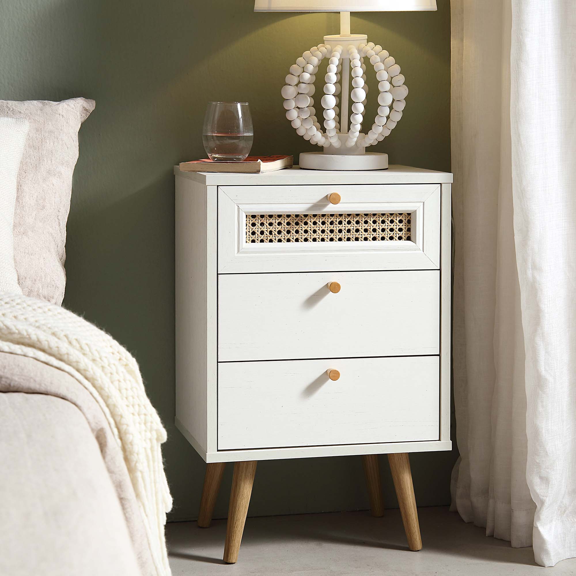 Anya Woven Rattan 3-Drawer Bedside Table in White