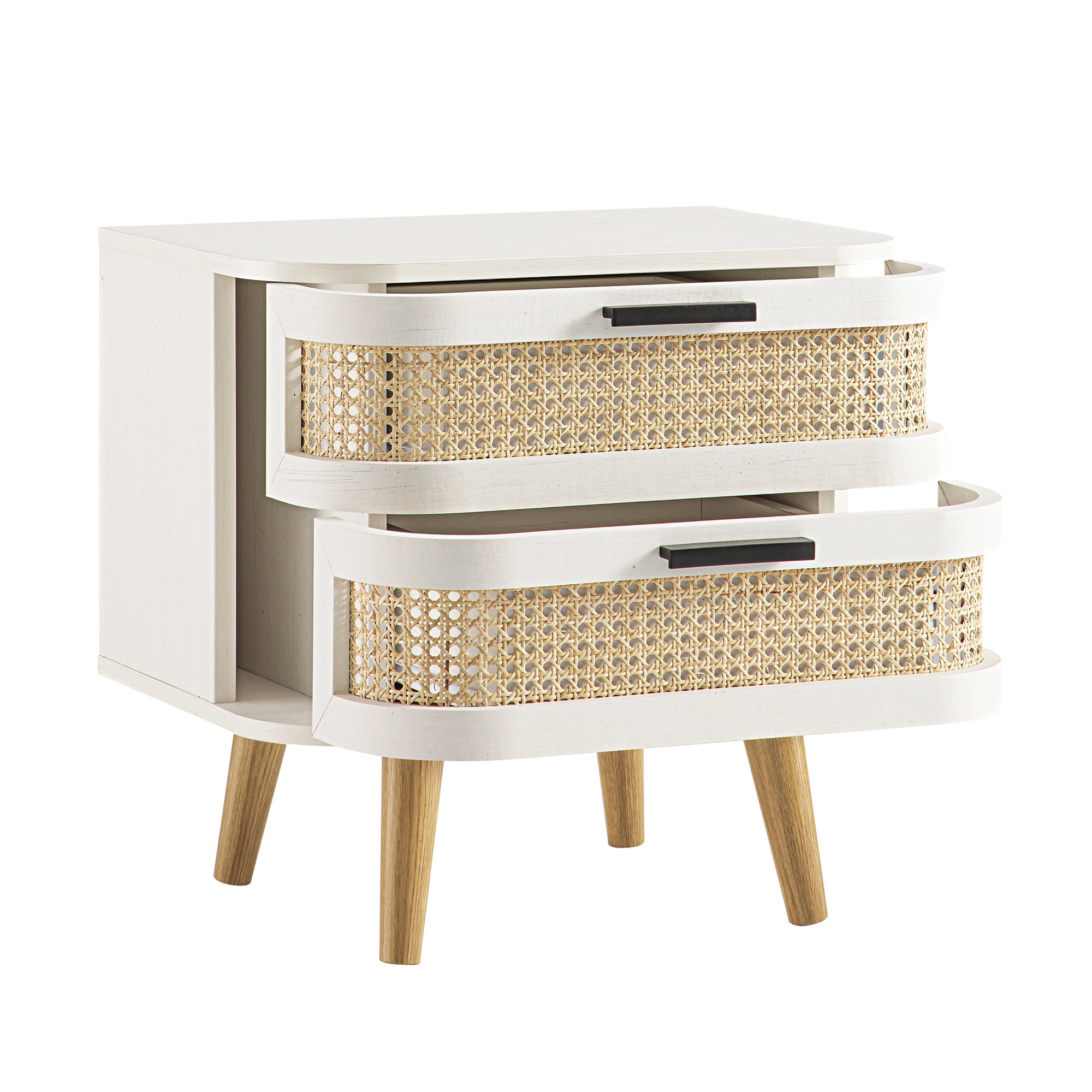 Izzy Curved Rattan 2-Drawer Bedside Table, White