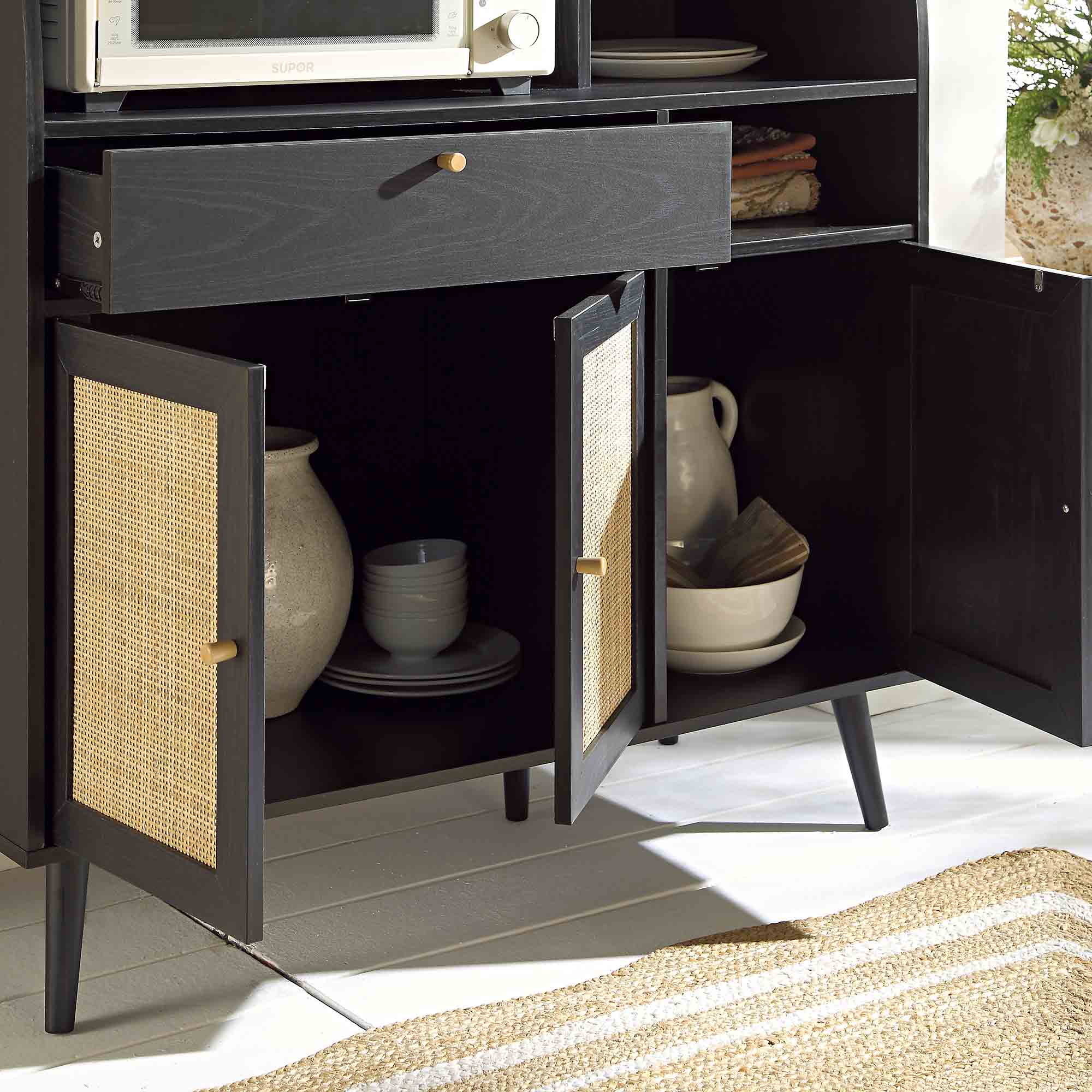 Frances Woven Rattan Kitchen Cabinet, Black