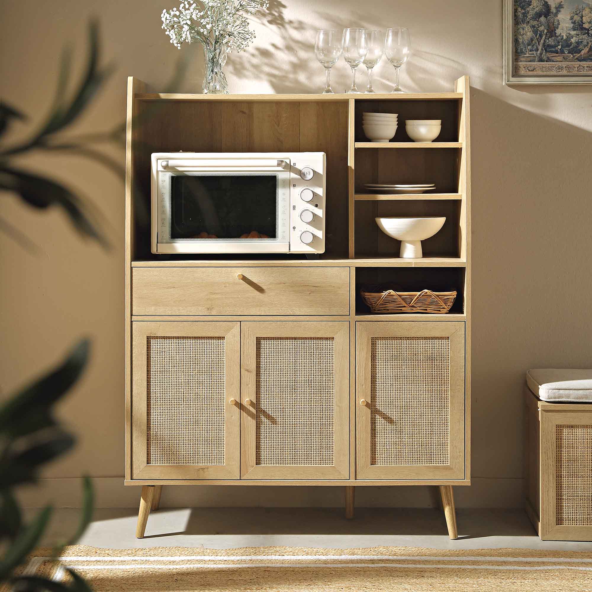 Frances Woven Rattan Kitchen Cabinet, Natural