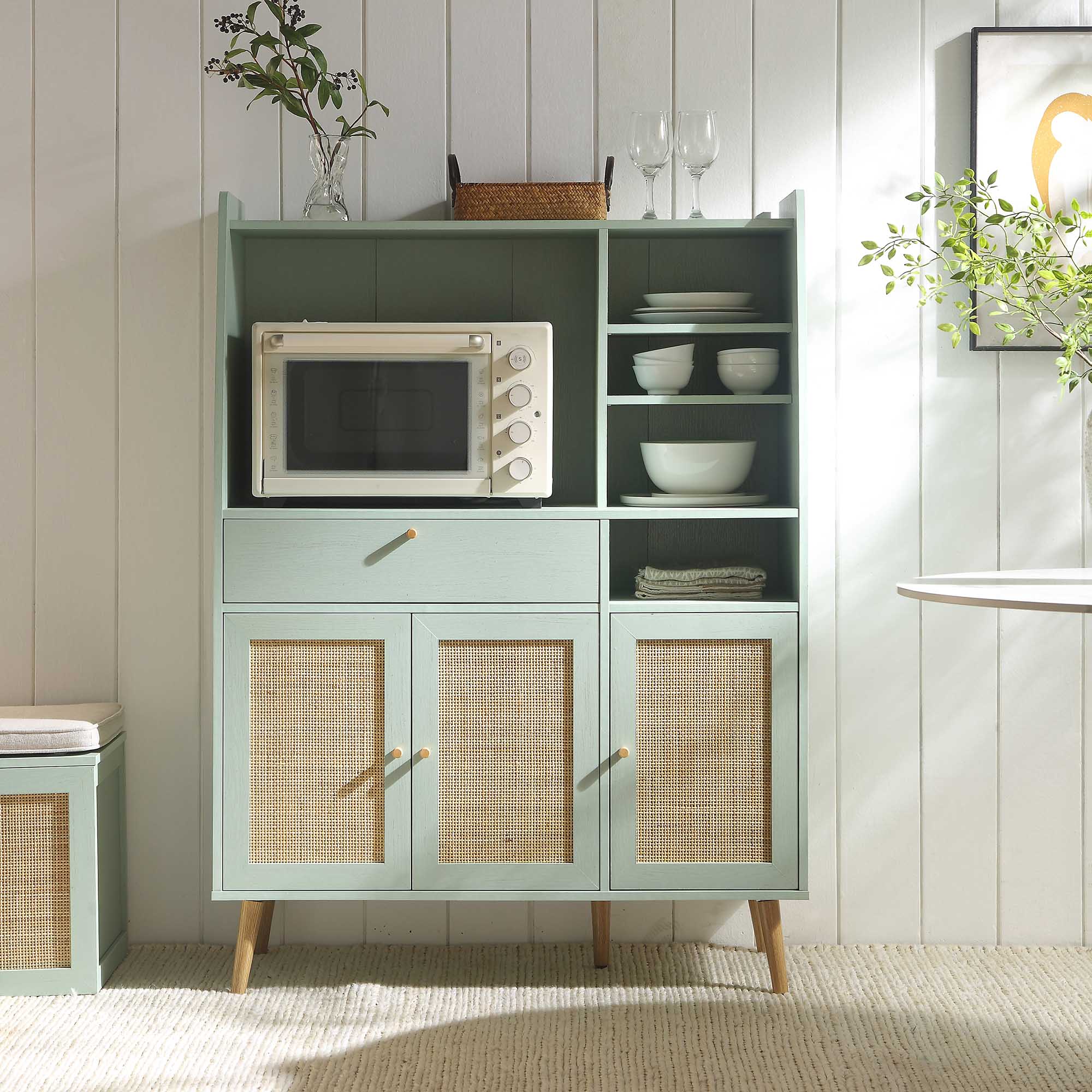 Frances Woven Rattan Kitchen Cabinet, Mint