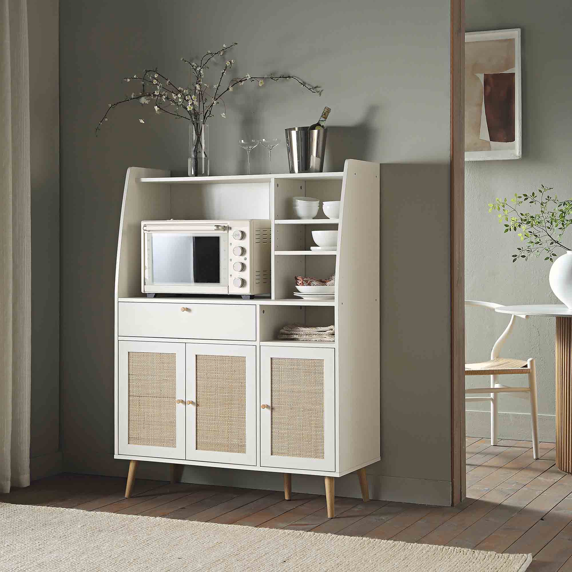 Frances Woven Rattan Kitchen Cabinet, White