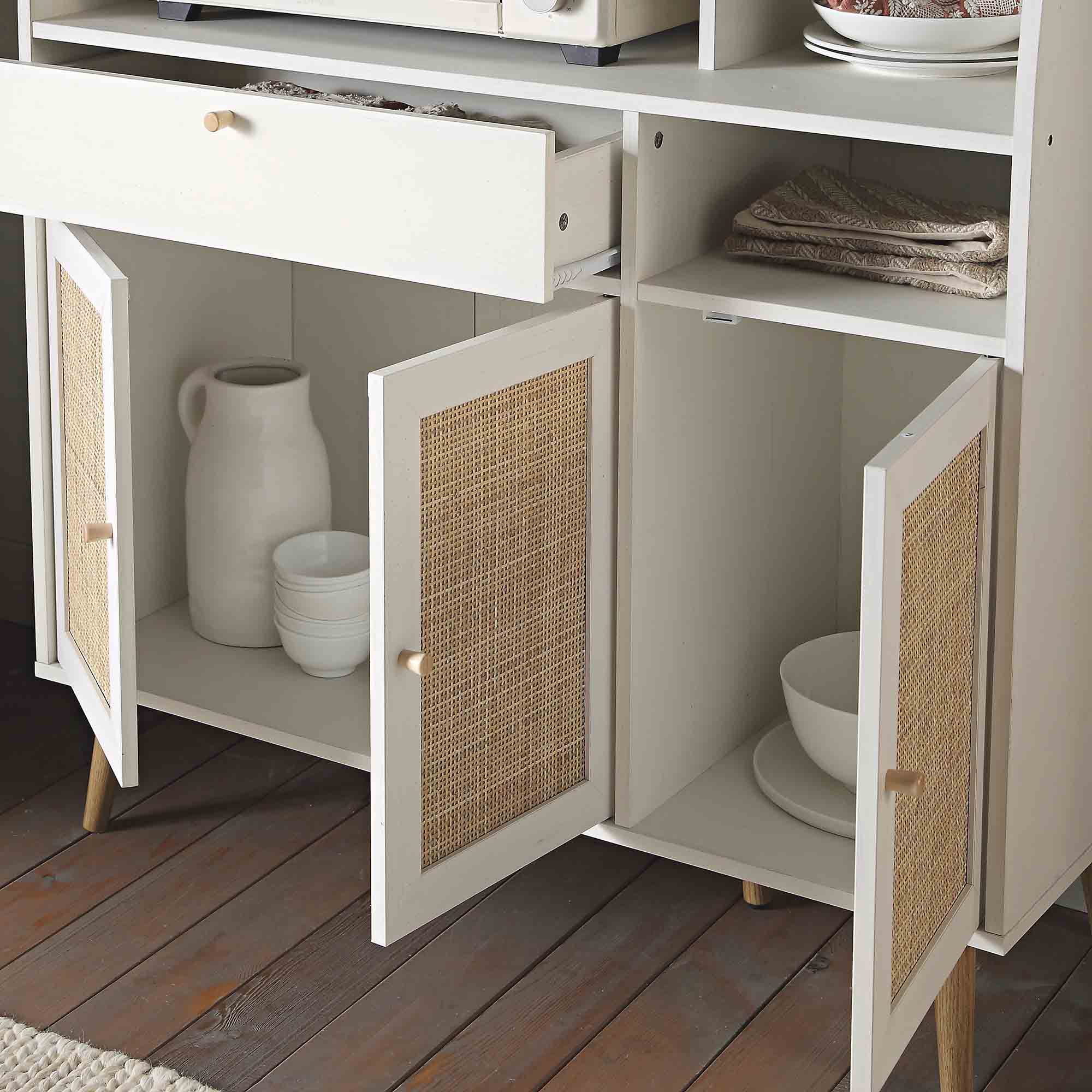 Frances Woven Rattan Kitchen Cabinet, White