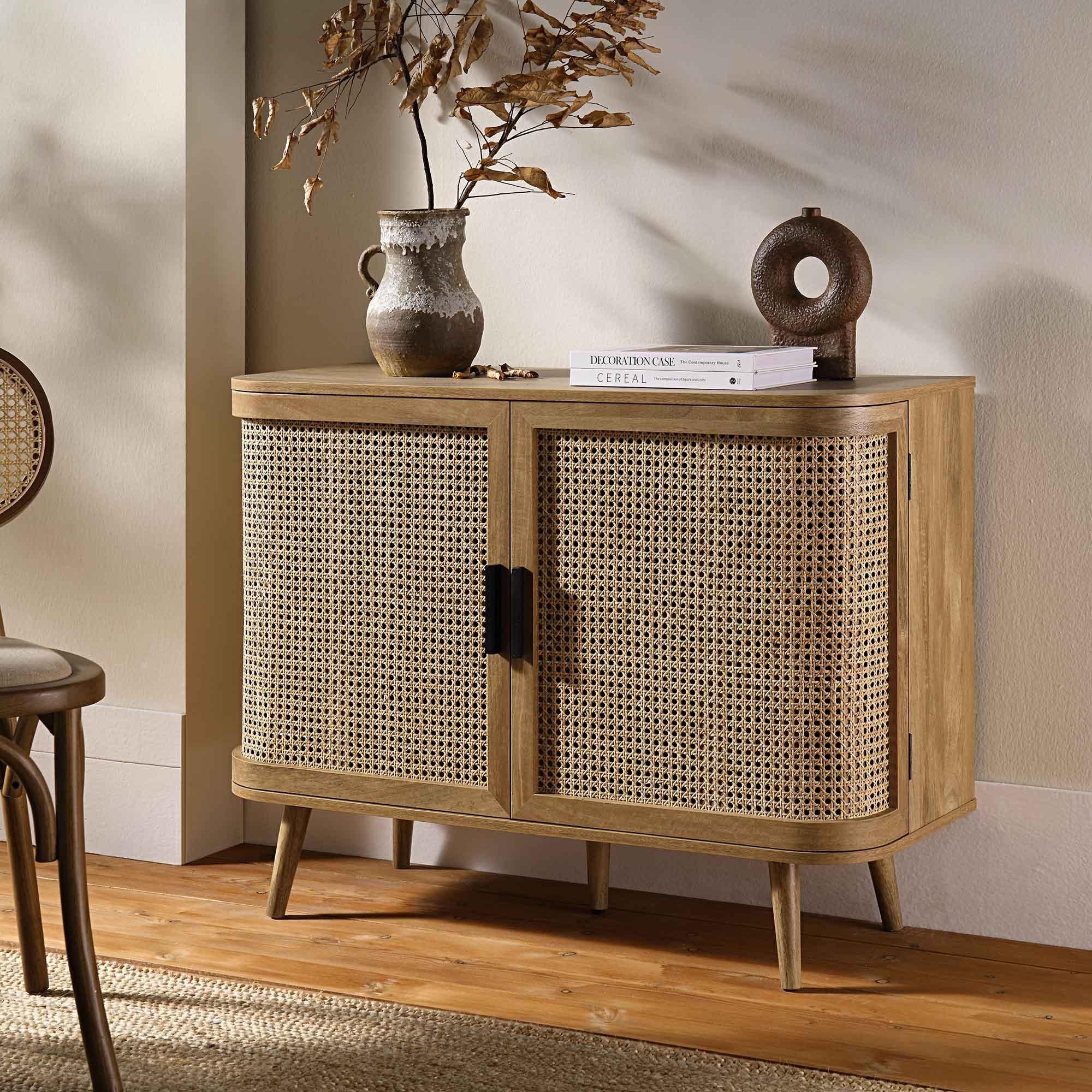 Izzy Curved Rattan 2-Door Small Sideboard, Natural