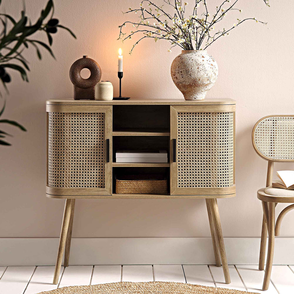 Izzy Curved Rattan 2-Door Buffet Sideboard, Natural